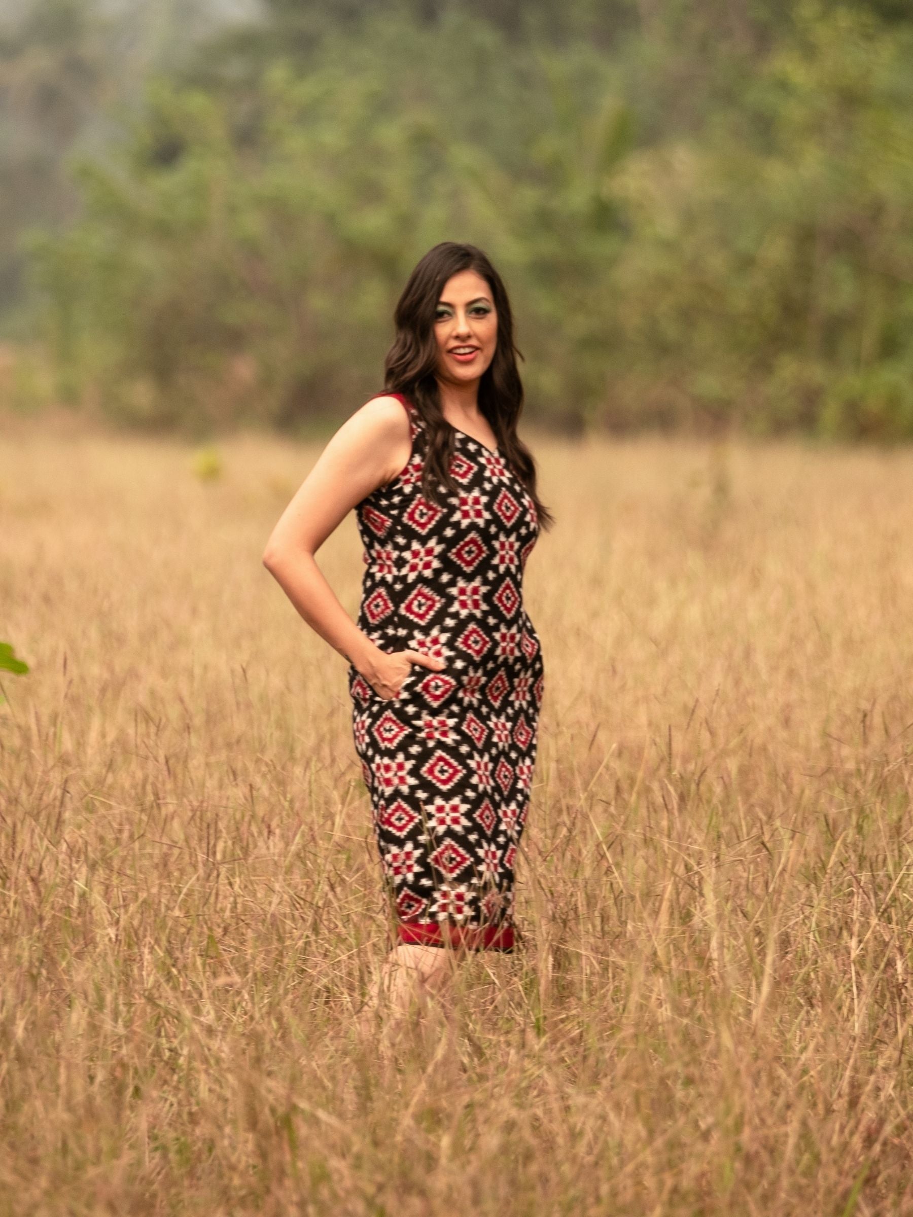 Laal Paakhi Red Handwoven Ikat Cotton Midi Dress – Madhurima Bhattacharjee