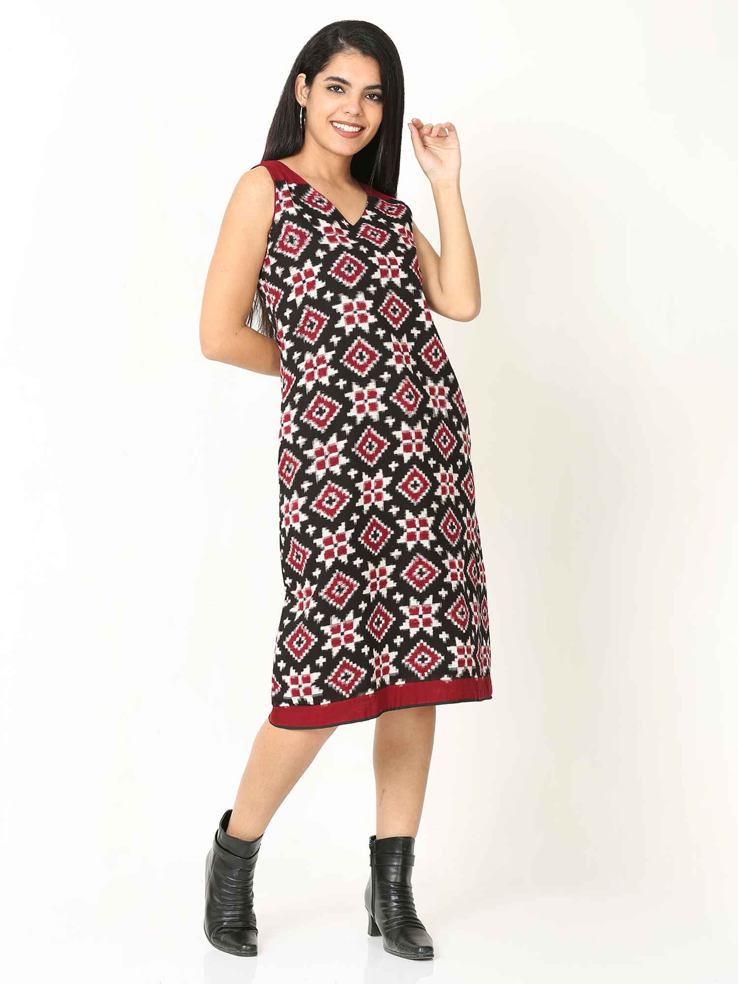Laal Paakhi Red Handwoven Ikat Cotton Midi Dress – Madhurima